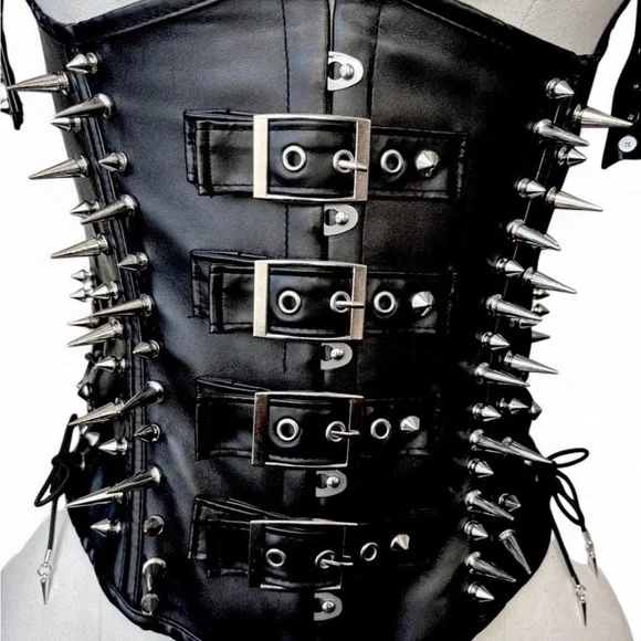 Black Custom Faux Leather Spiked Underbust Corset with Stainless Steel Chains - Picture 2 of 8